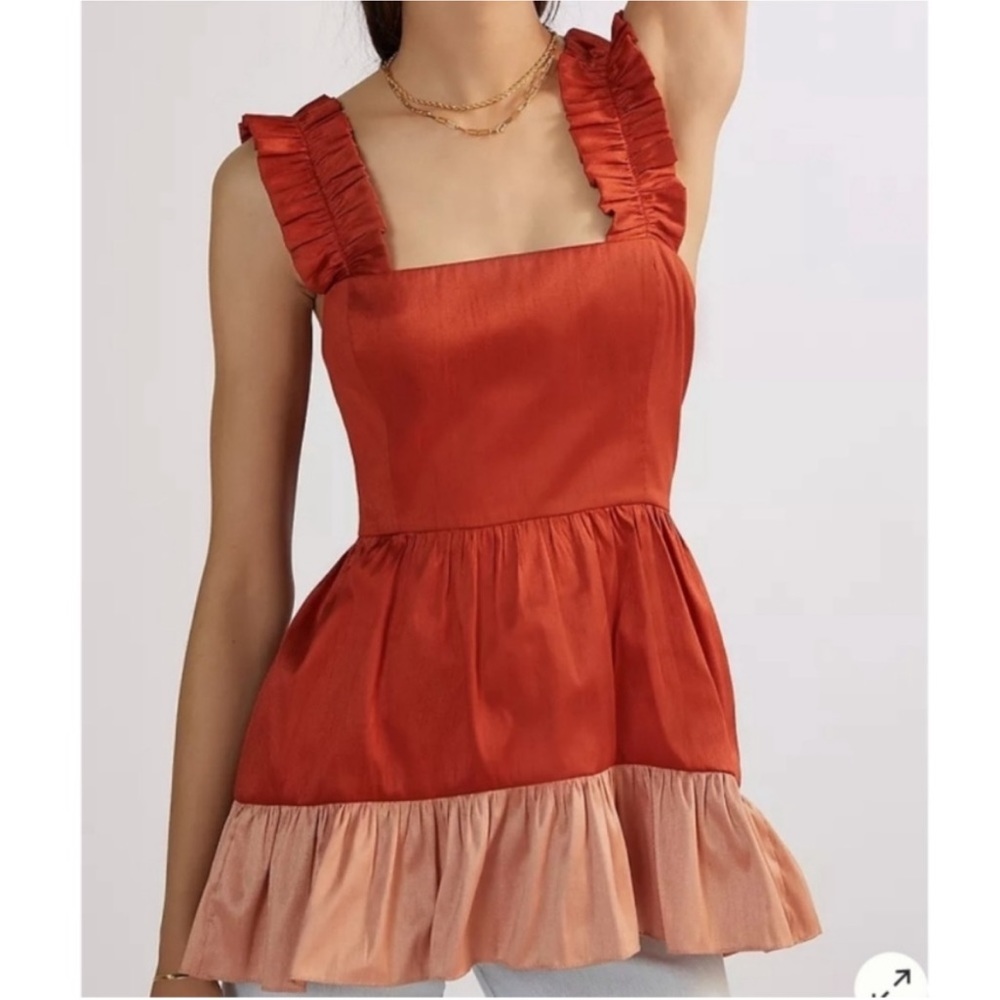 Anthropologie Ruffled Red and Tan Top